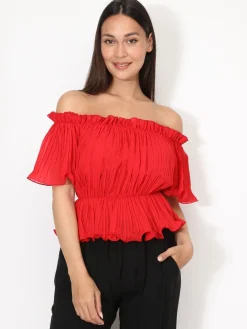 Hot La Modeuse Top péplum plissé avec volants Rouge