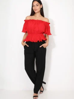 Hot La Modeuse Top péplum plissé avec volants Rouge