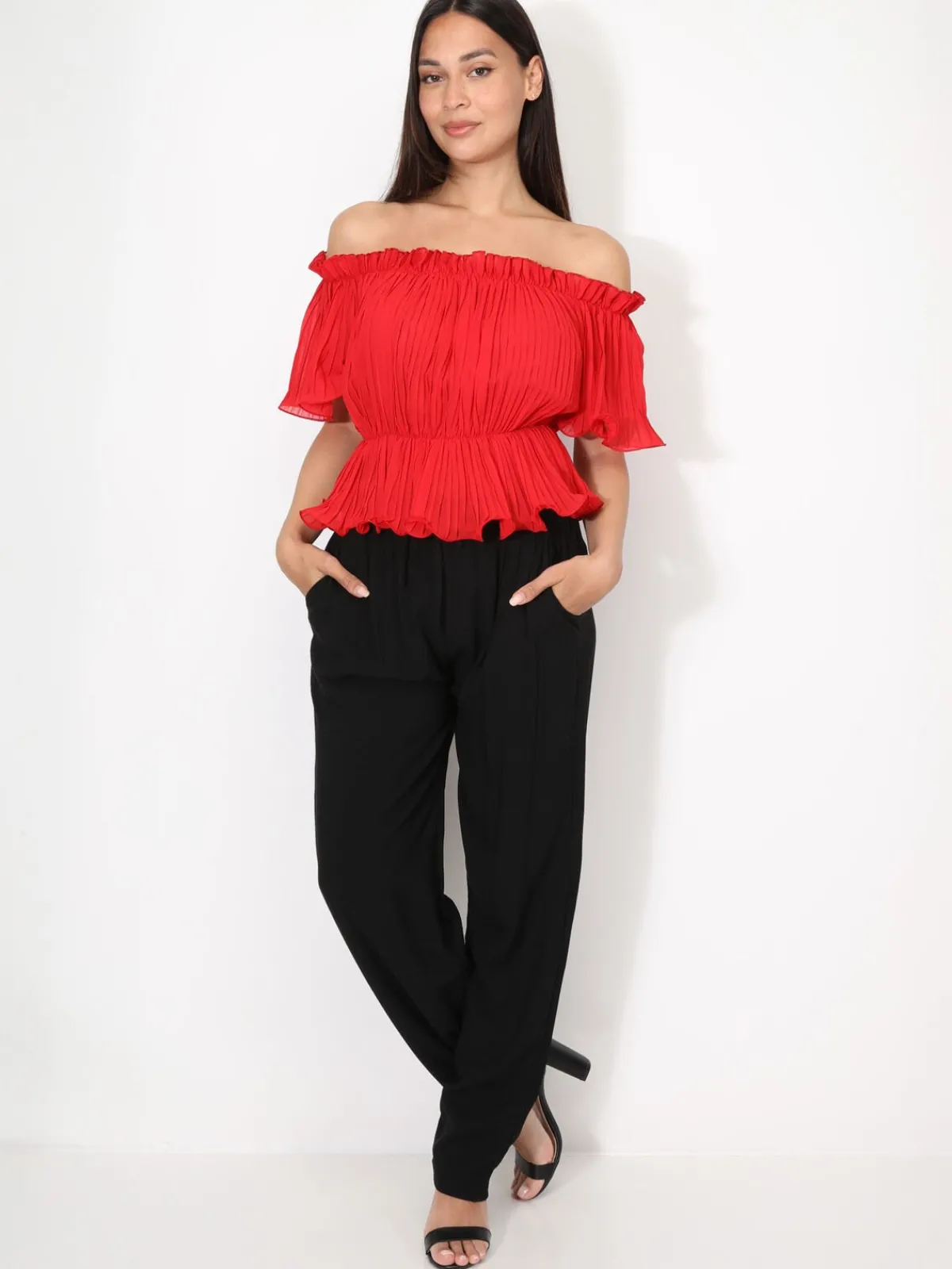 Hot La Modeuse Top péplum plissé avec volants Rouge