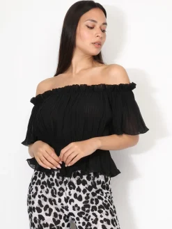 Clearance La Modeuse Top péplum plissé avec volants Noir