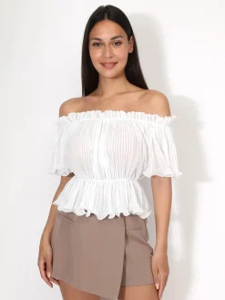 New La Modeuse Top péplum plissé avec volants Blanc