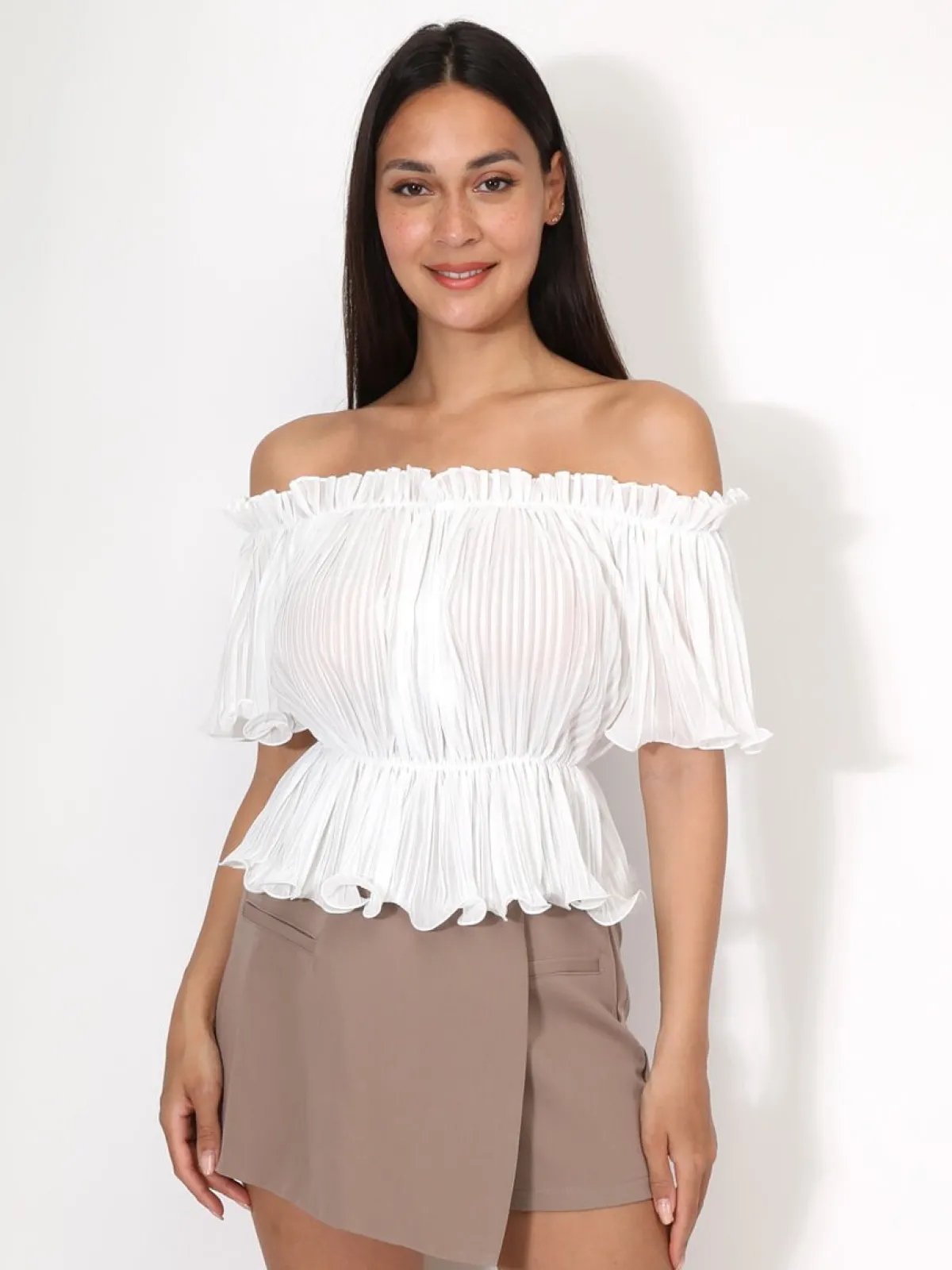 New La Modeuse Top péplum plissé avec volants Blanc
