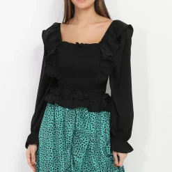 Outlet La Modeuse Top smocké à volants et col carré Noir