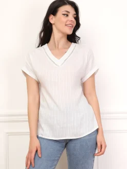 La Modeuse Top texturé à col ajouré Blanc