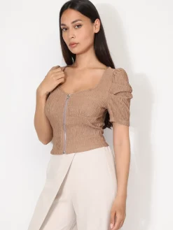 New La Modeuse Top zippé à manches gigot Taupe