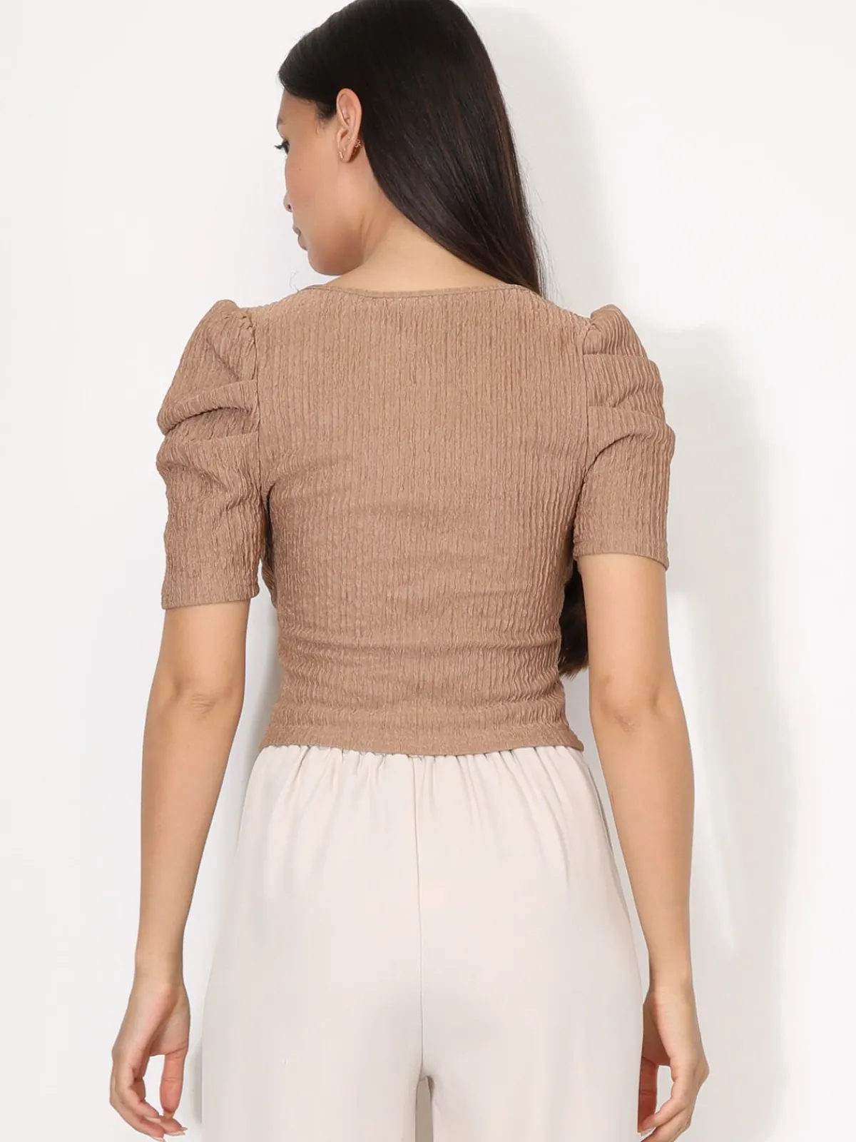 New La Modeuse Top zippé à manches gigot Taupe