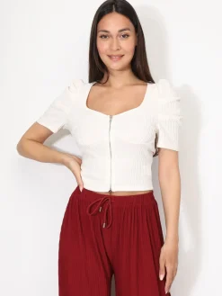 Online La Modeuse Top zippé à manches gigot Ecru