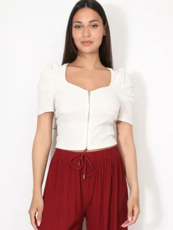 Online La Modeuse Top zippé à manches gigot Ecru