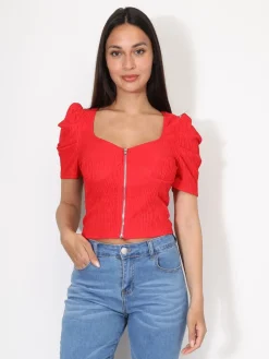 Discount La Modeuse Top zippé à manches gigot Rouge