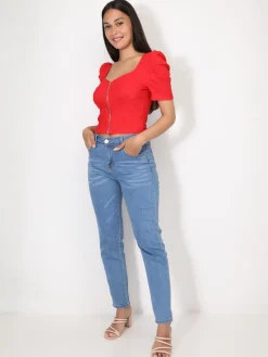 Discount La Modeuse Top zippé à manches gigot Rouge