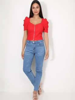 Discount La Modeuse Top zippé à manches gigot Rouge