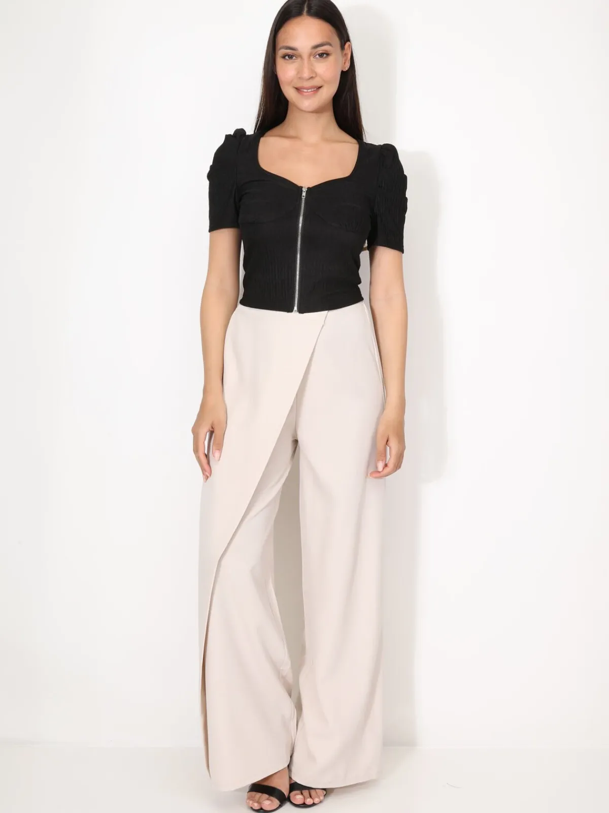 Clearance La Modeuse Top zippé à manches gigot Noir