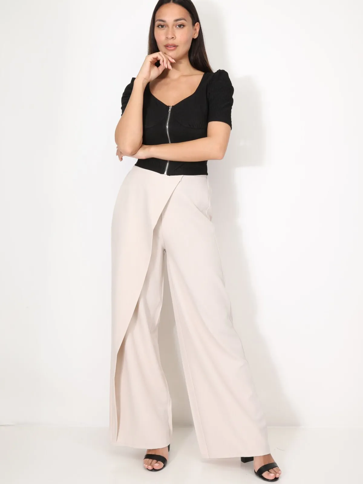 Clearance La Modeuse Top zippé à manches gigot Noir