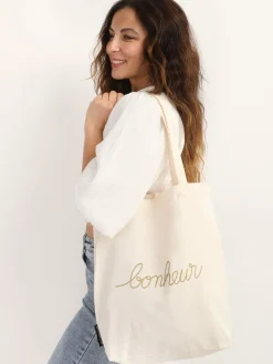 New La Modeuse Tote bag à inscription "bonheur" Blanc