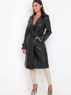 Clearance La Modeuse Trench en simili avec ceinture Noir
