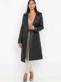 Clearance La Modeuse Trench en simili avec ceinture Noir