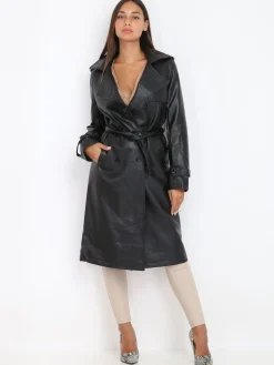 Clearance La Modeuse Trench en simili avec ceinture Noir