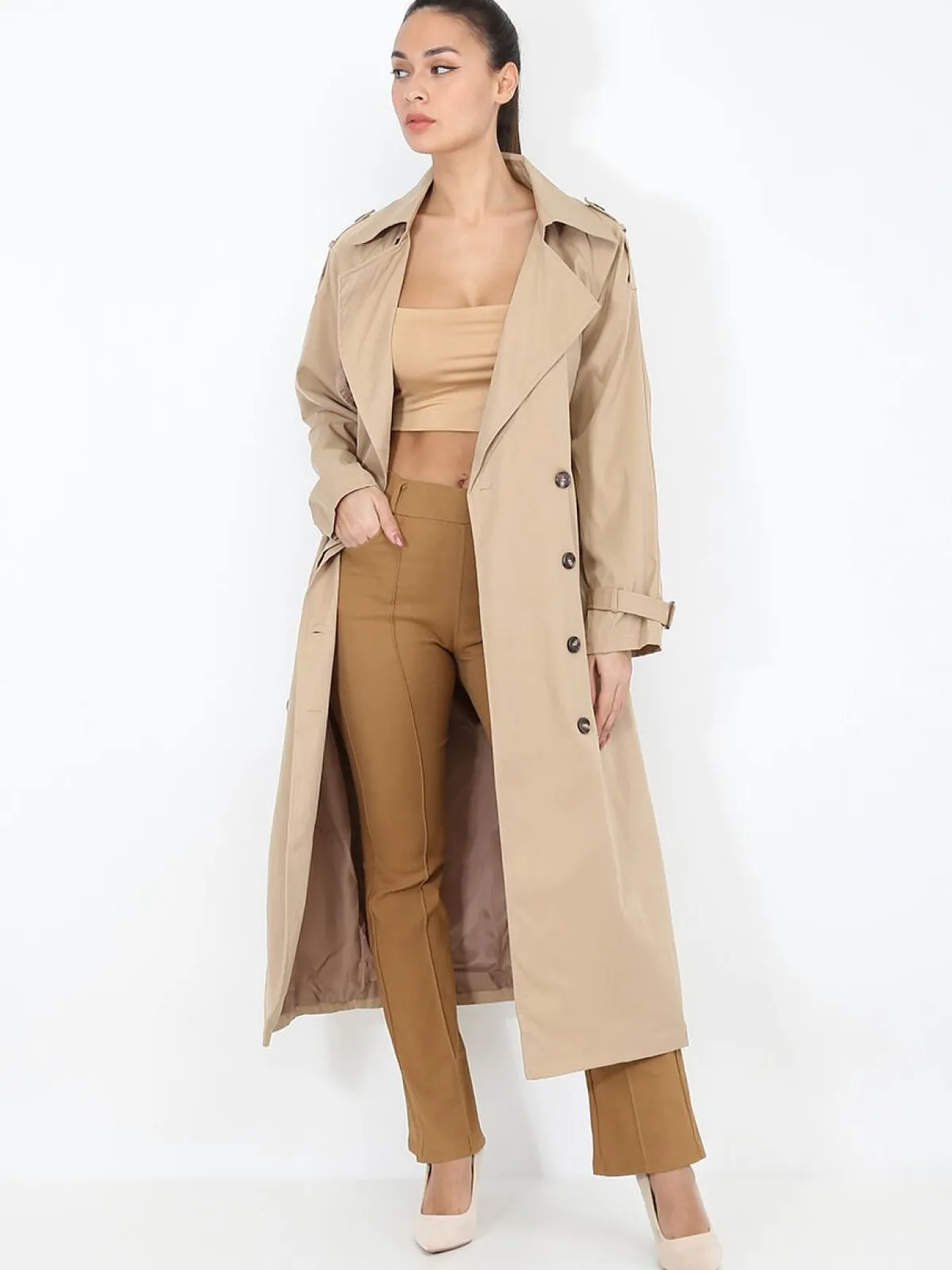 Hot La Modeuse Trench long à ceinture nouée Camel