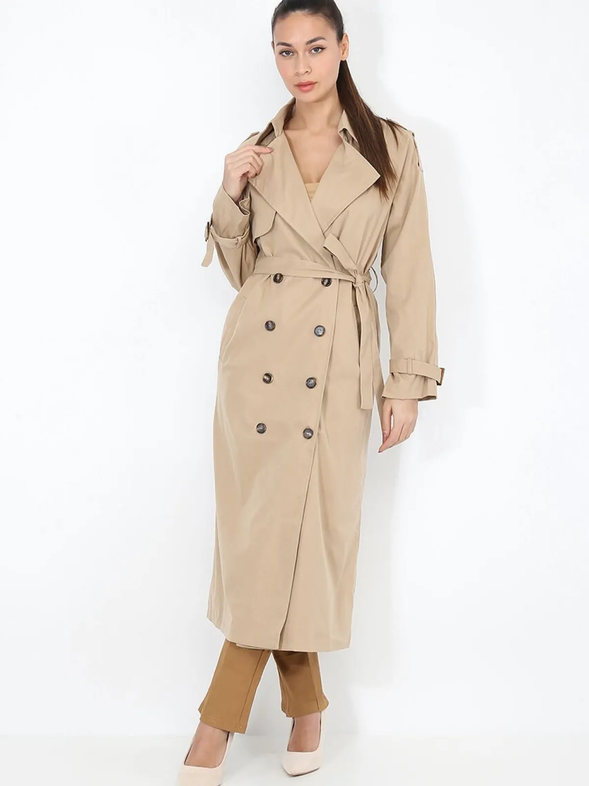 Hot La Modeuse Trench long à ceinture nouée Camel