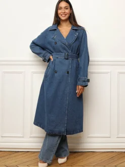 Outlet La Modeuse Trench long en denim avec ceinture Bleu