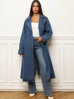 Outlet La Modeuse Trench long en denim avec ceinture Bleu