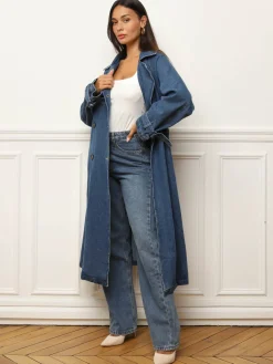 Outlet La Modeuse Trench long en denim avec ceinture Bleu