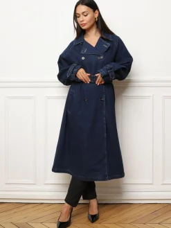 New La Modeuse Trench long en denim avec ceinture Bleufoncé