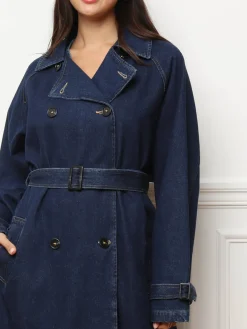 New La Modeuse Trench long en denim avec ceinture Bleufoncé