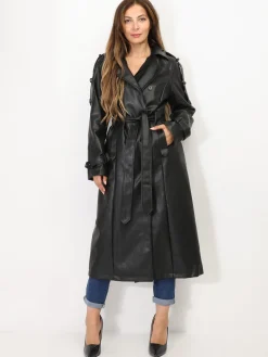 Clearance La Modeuse Trench long en simili avec ceinture Noir