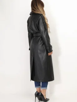 Clearance La Modeuse Trench long en simili avec ceinture Noir