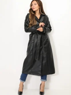 Clearance La Modeuse Trench long en simili avec ceinture Noir