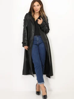 Clearance La Modeuse Trench long en simili avec ceinture Noir