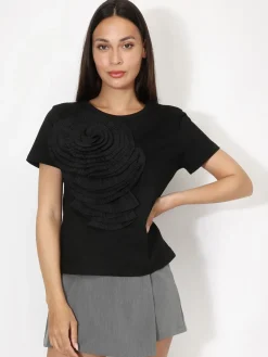 Sale La Modeuse T-shirt en coton à fleur plissée XXL Noir