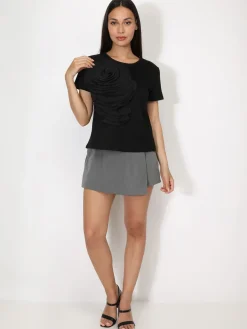 Sale La Modeuse T-shirt en coton à fleur plissée XXL Noir