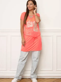 La Modeuse T-shirt long transparent à imprimés Rouge