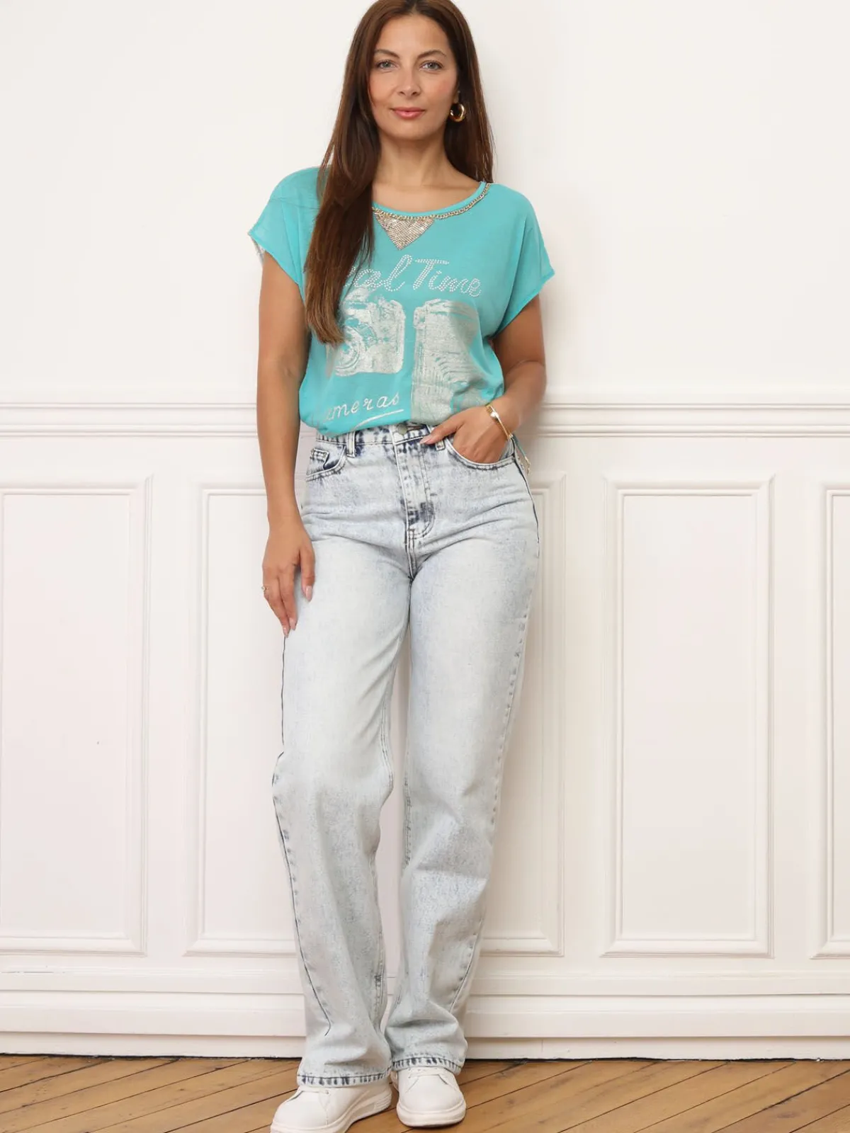 Sale La Modeuse T-shirt long transparent à imprimés Bleu