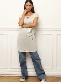 Clearance La Modeuse T-shirt long transparent à imprimés Beige