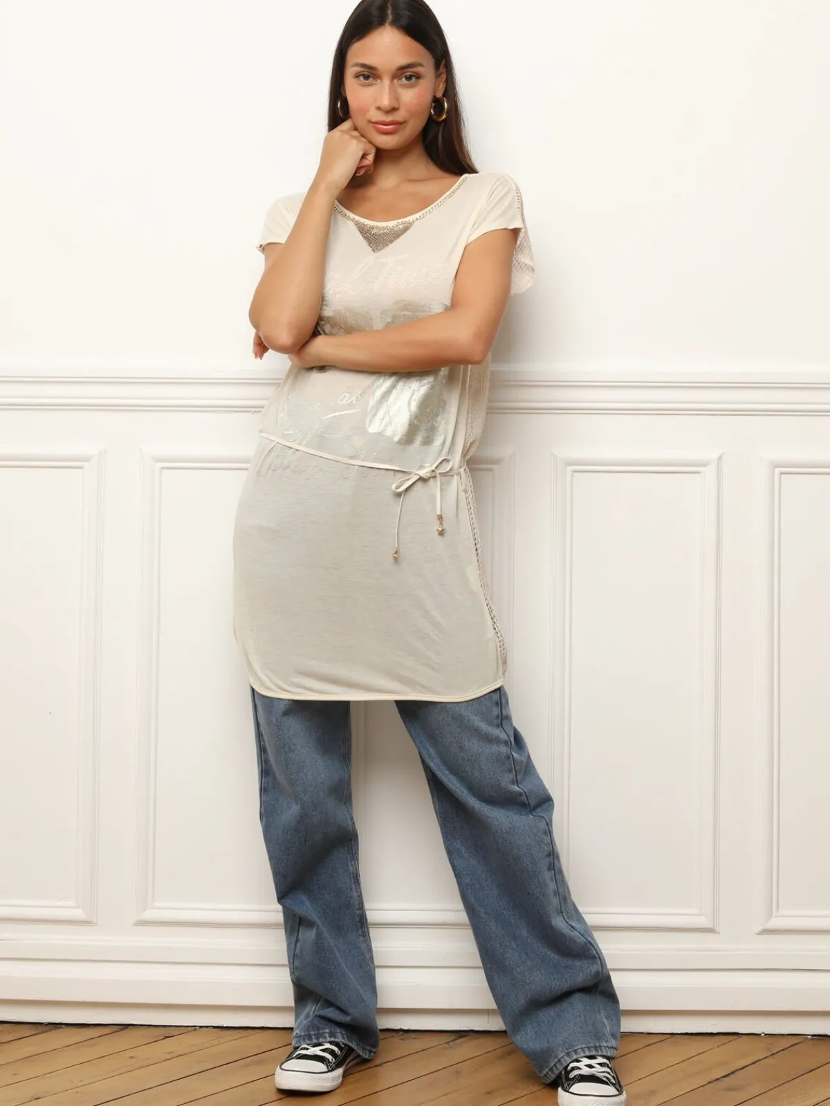 Clearance La Modeuse T-shirt long transparent à imprimés Beige