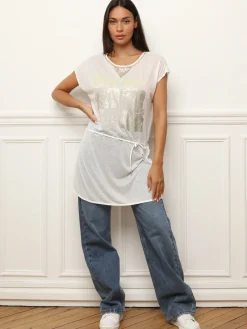 New La Modeuse T-shirt long transparent à imprimés Blanc