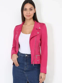 Hot La Modeuse Veste biker ajustée en suédine Fuchsia