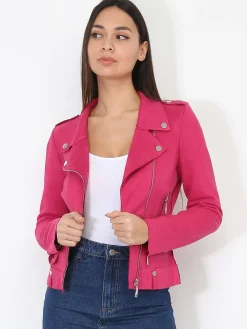 Hot La Modeuse Veste biker ajustée en suédine Fuchsia