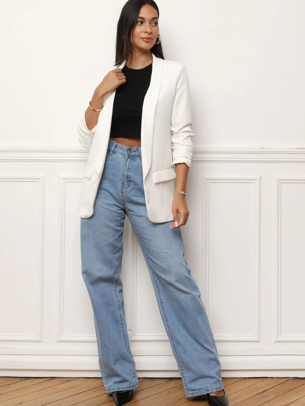 La Modeuse Veste blazer à manches retroussées Blanc