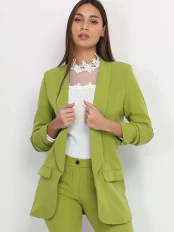 Discount La Modeuse Veste blazer à manches retroussées VertOlive