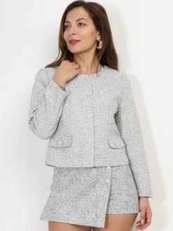Hot La Modeuse Veste courte en tweed à boutons Grisclair