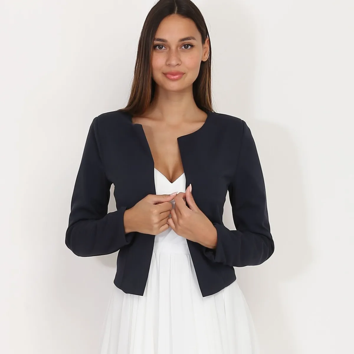 Sale La Modeuse Veste courte sans col BleuMarine
