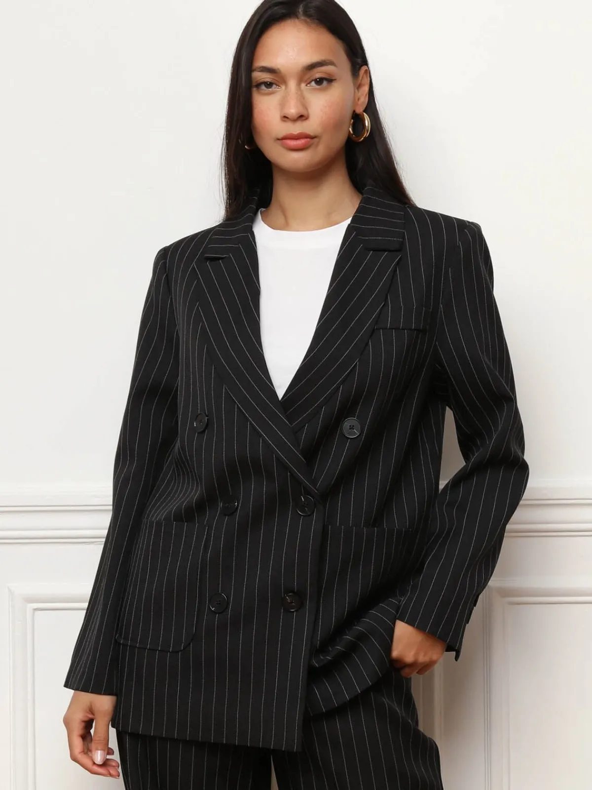 Discount La Modeuse Veste de costume croisée à rayures Noir