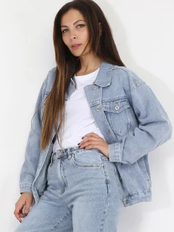 Outlet La Modeuse Veste en jeans délavée BleuClair