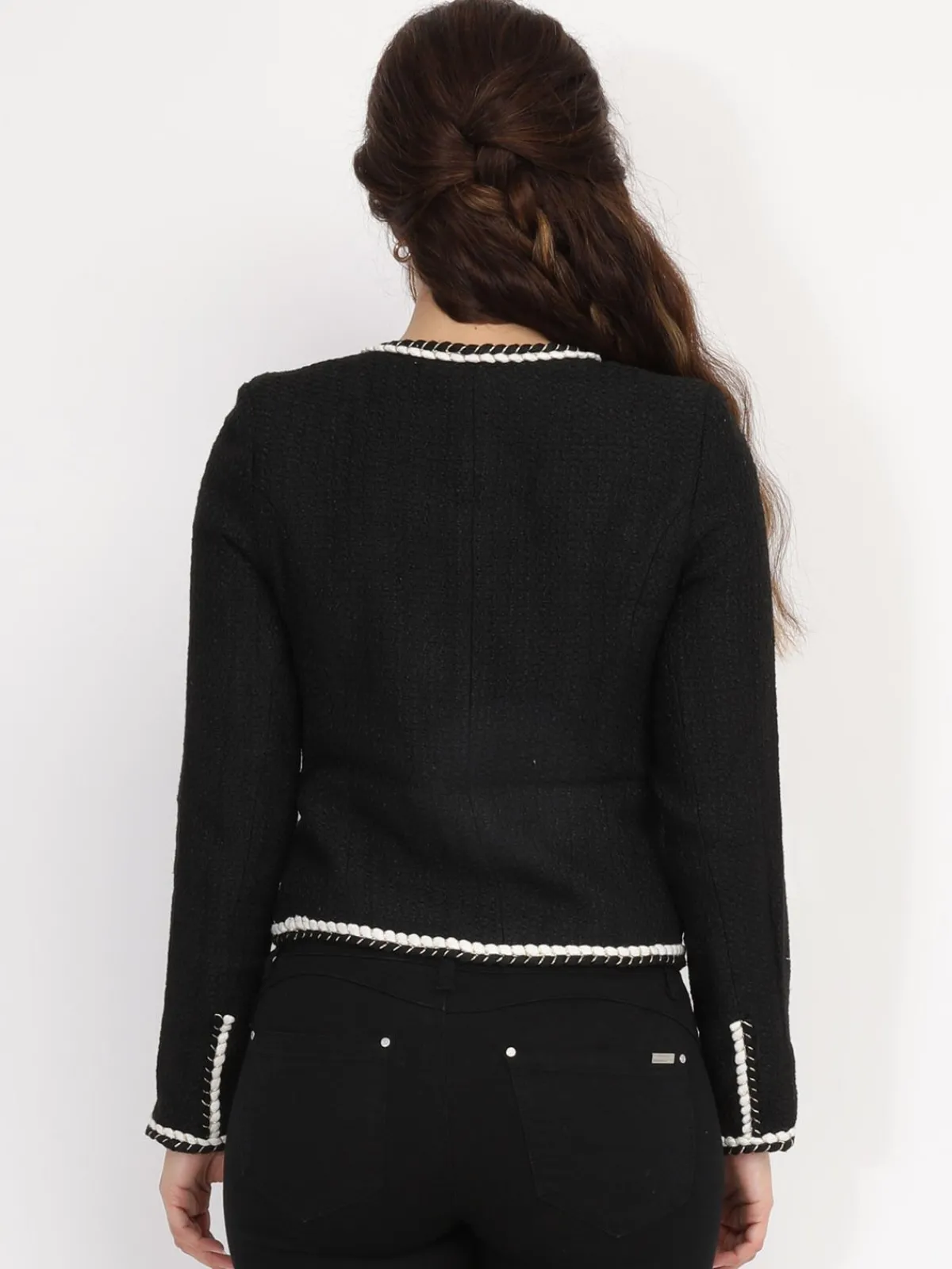 La Modeuse Veste en tweed à boutons et liserés torsadés Noir