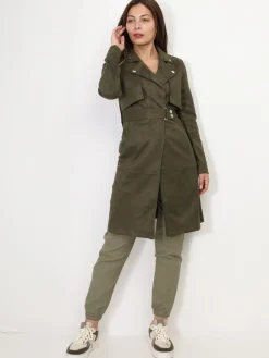 Hot La Modeuse Veste longue ceinturée en suédine Kaki