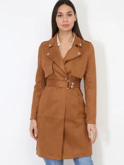 Sale La Modeuse Veste longue ceinturée en suédine Camelfoncé